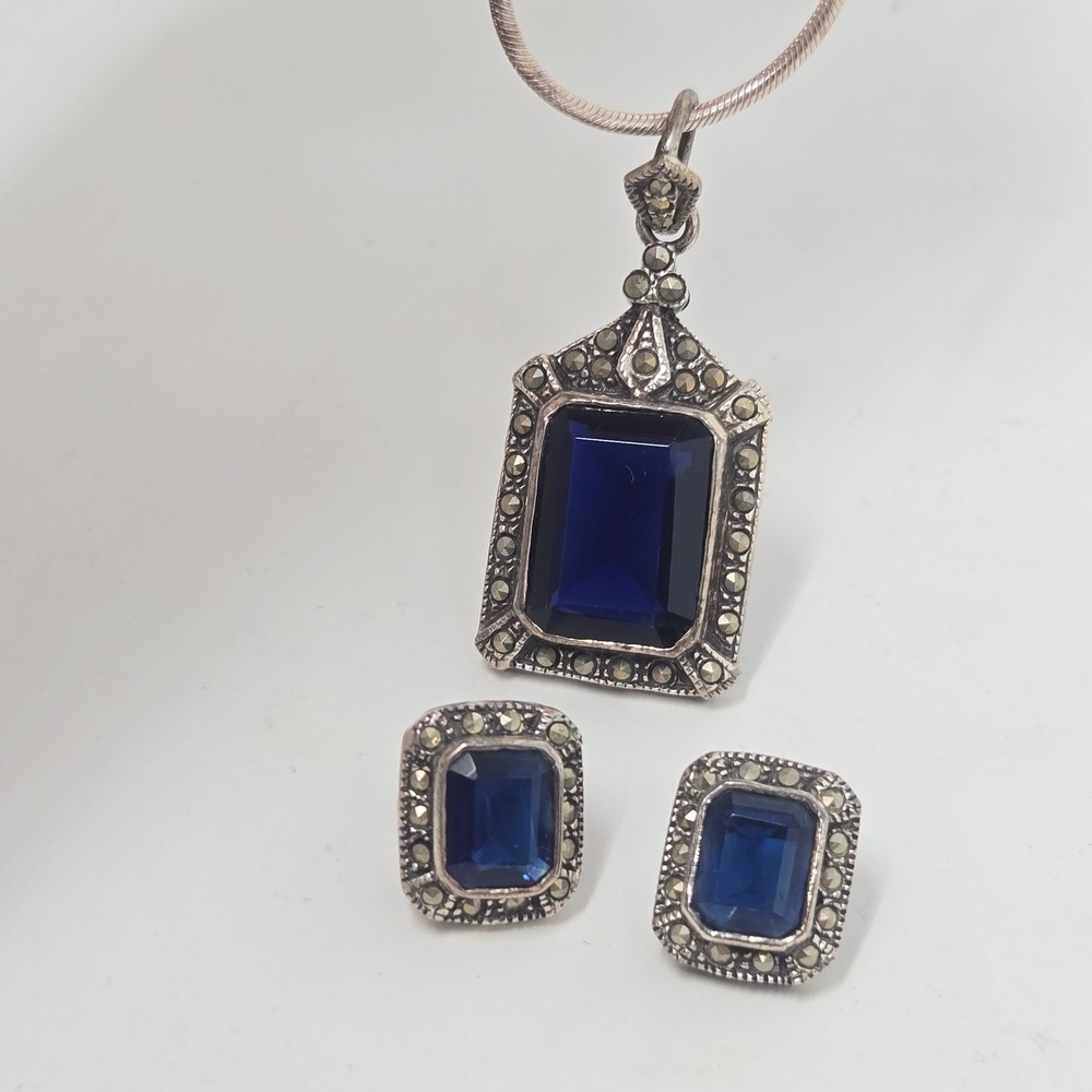 Art Deco 925 Sterling Marcasite Blue Stone Necklace & Earrings Vintage Style